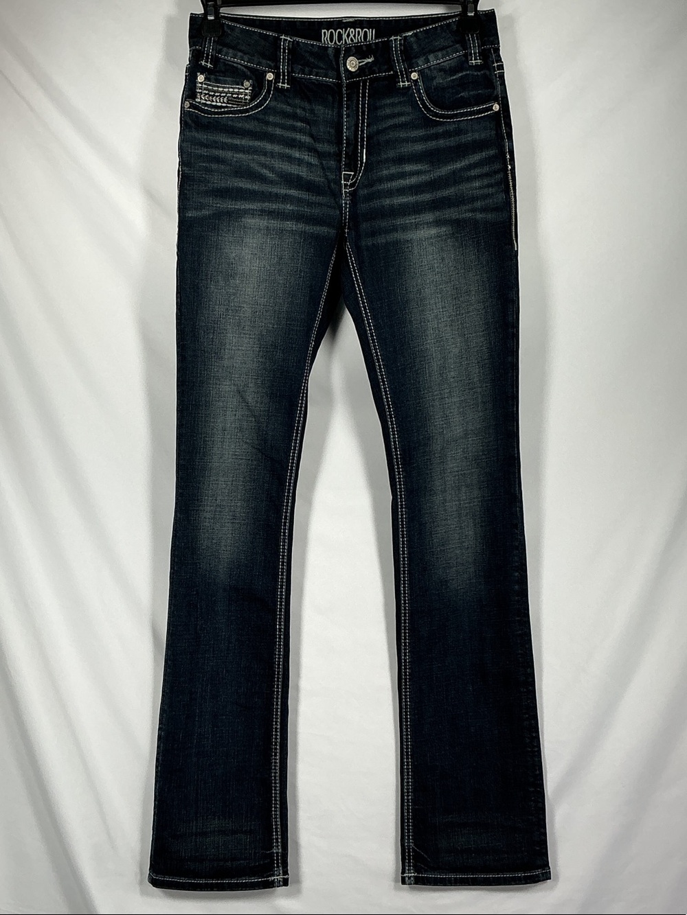 Rock & Roll Cowgirl Heavy Stitch Metallic Bootcut Jeans 29Wx36L Extra Long Blue